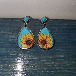 Blue Sunflower Earrings